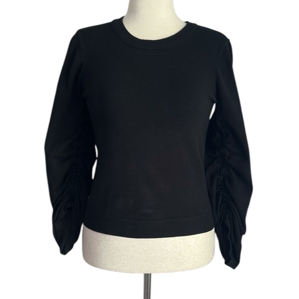 Milly Women’s Ruched Puff Sleeve Black Crewneck Sweater Size S